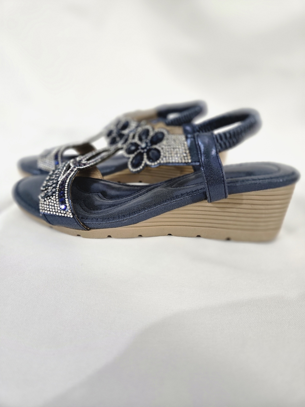 Women's Navy Embellished Wedge Sandals